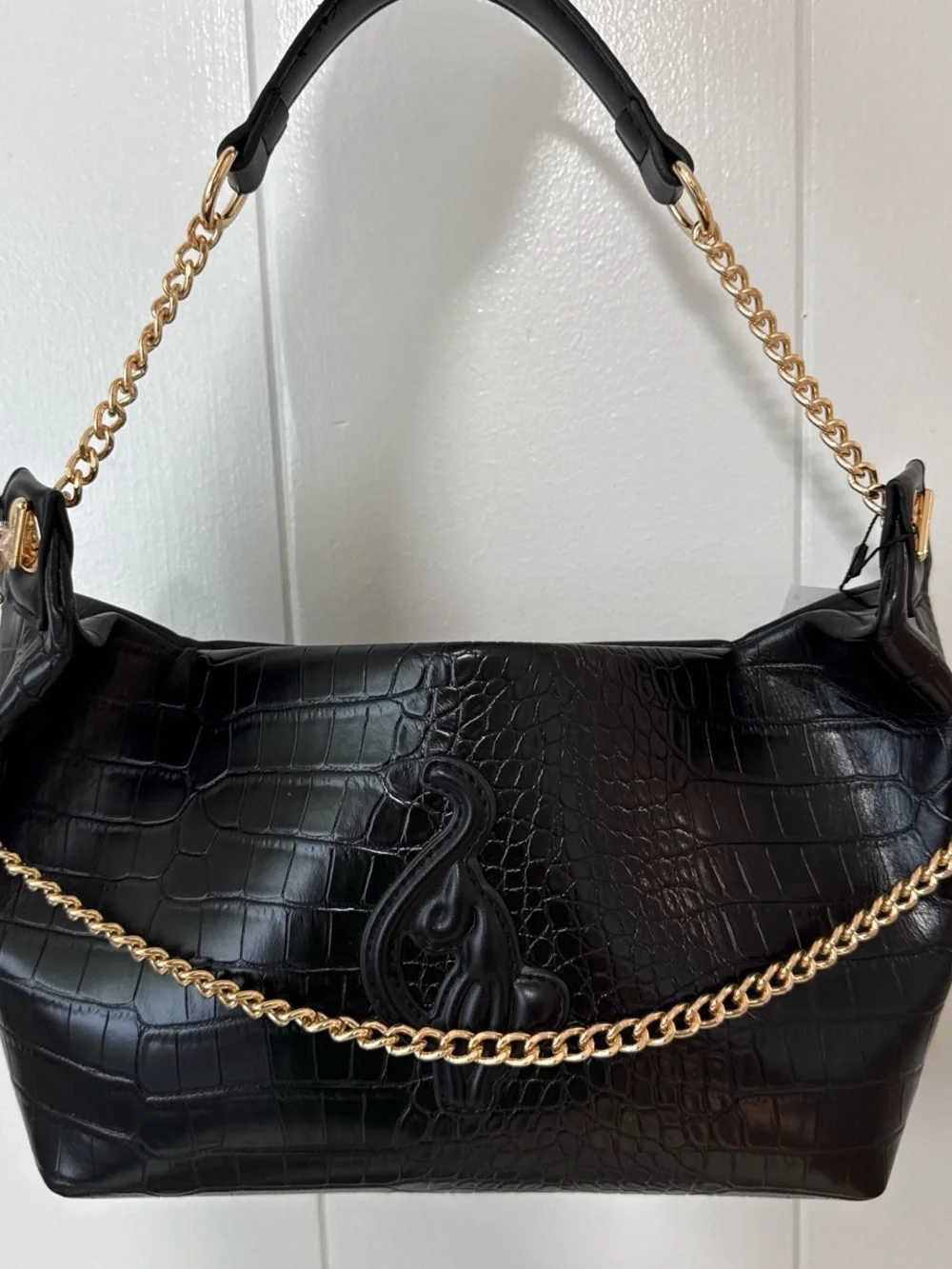 Baby Phat Black Croc-Embossed Shoulder Bag with Gold Chain Detail